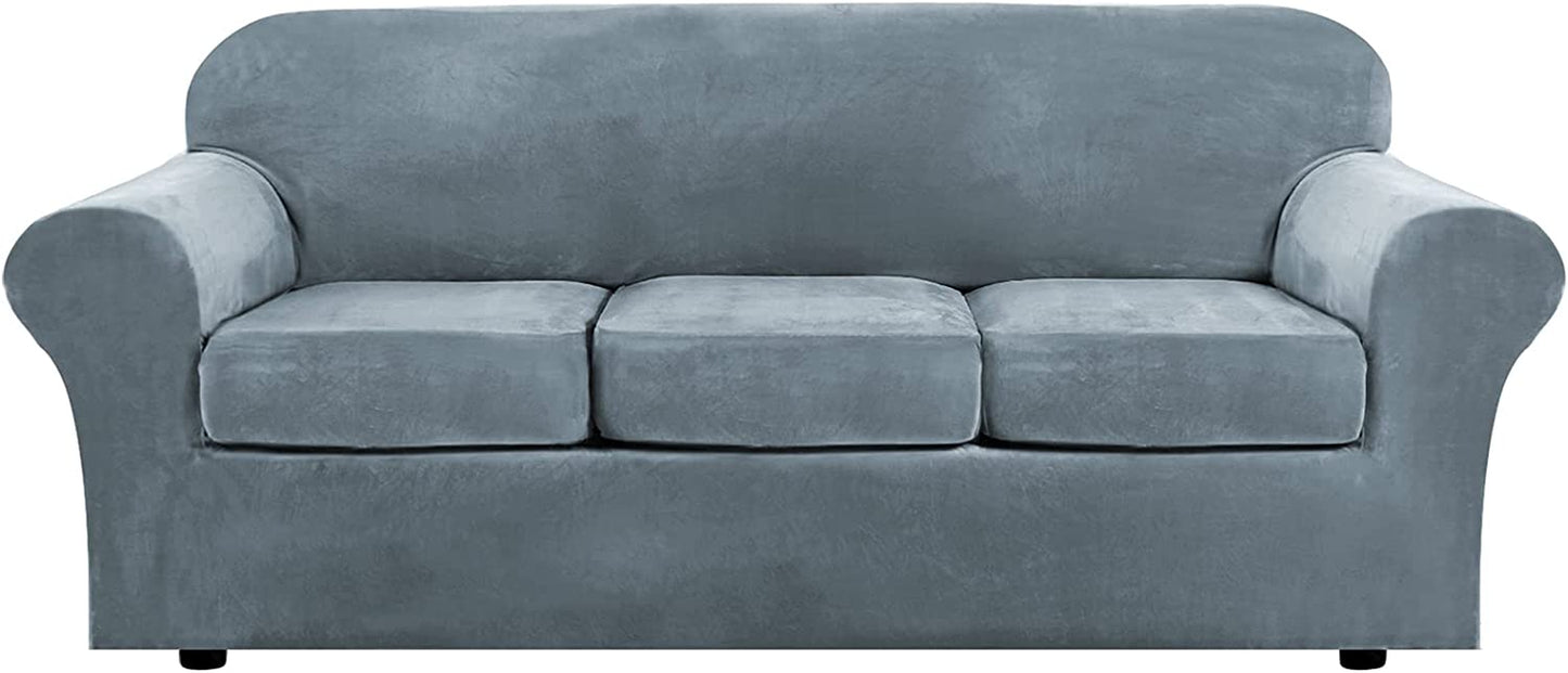 Modern Velvet Plush 4 Piece High Stretch Sofa Slipcover Sofa Cover Furniture Protector Form Fit Luxury Thick Velvet Sofa Cover for 3 Cushion Couch, Machine Washable (Sofa,Stone Blue)