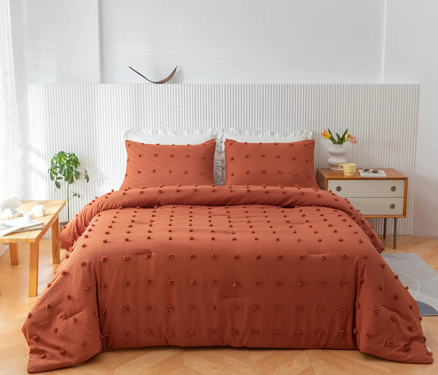 Terracotta Comforter Queen Comforter Set Burnt Orange Comforter Boho Comforter Tufted Pom Pom Ultra Soft Bed Set with 2 Pillow Cases All Season