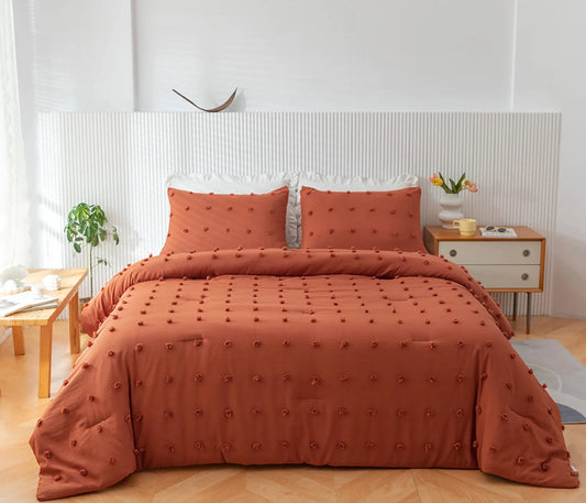 Terracotta Comforter Queen Comforter Set Burnt Orange Comforter Boho Comforter Tufted Pom Pom Ultra Soft Bed Set with 2 Pillow Cases All Season