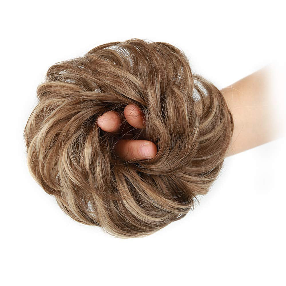 1PCS Messy Hair Bun Hair Scrunchies Extension Curly Wavy Messy Synthetic Chignon for Women Updo Hairpiece (Light Golden Brown & Pale Golden Blonde)