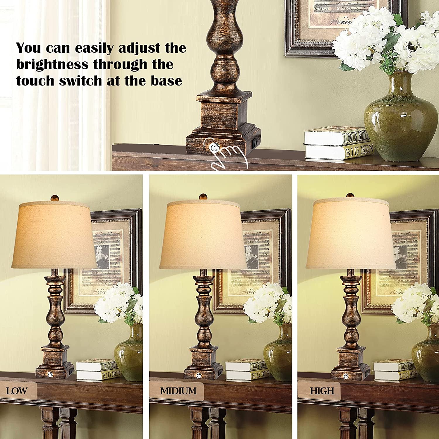 Touch Farmhouse Rustic Table Lamps Set of 2 for Living Room,3-Way Dimmable Resin Retro Bedside Nightstand Lamps Oatmeal Tapered Drum Shade for Bedroom with 2 USB Port and Outlet