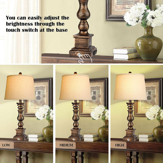 Touch Farmhouse Rustic Table Lamps Set of 2 for Living Room,3-Way Dimmable Resin Retro Bedside Nightstand Lamps Oatmeal Tapered Drum Shade for Bedroom with 2 USB Port and Outlet