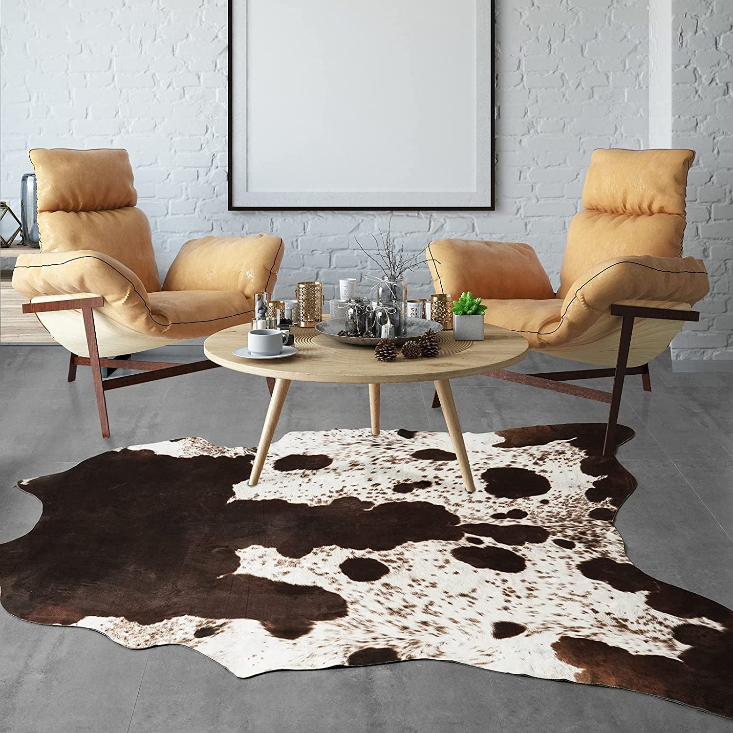 Cowhide Rug Faux Cow Print Area Rug for Bedroom, Faux Fur Animal Rug Cow Rugs for Living Room Non-Slip Cow Hide Carpet for Western Room Decor, White and Brown, 2.3Ft X 3.6Ft