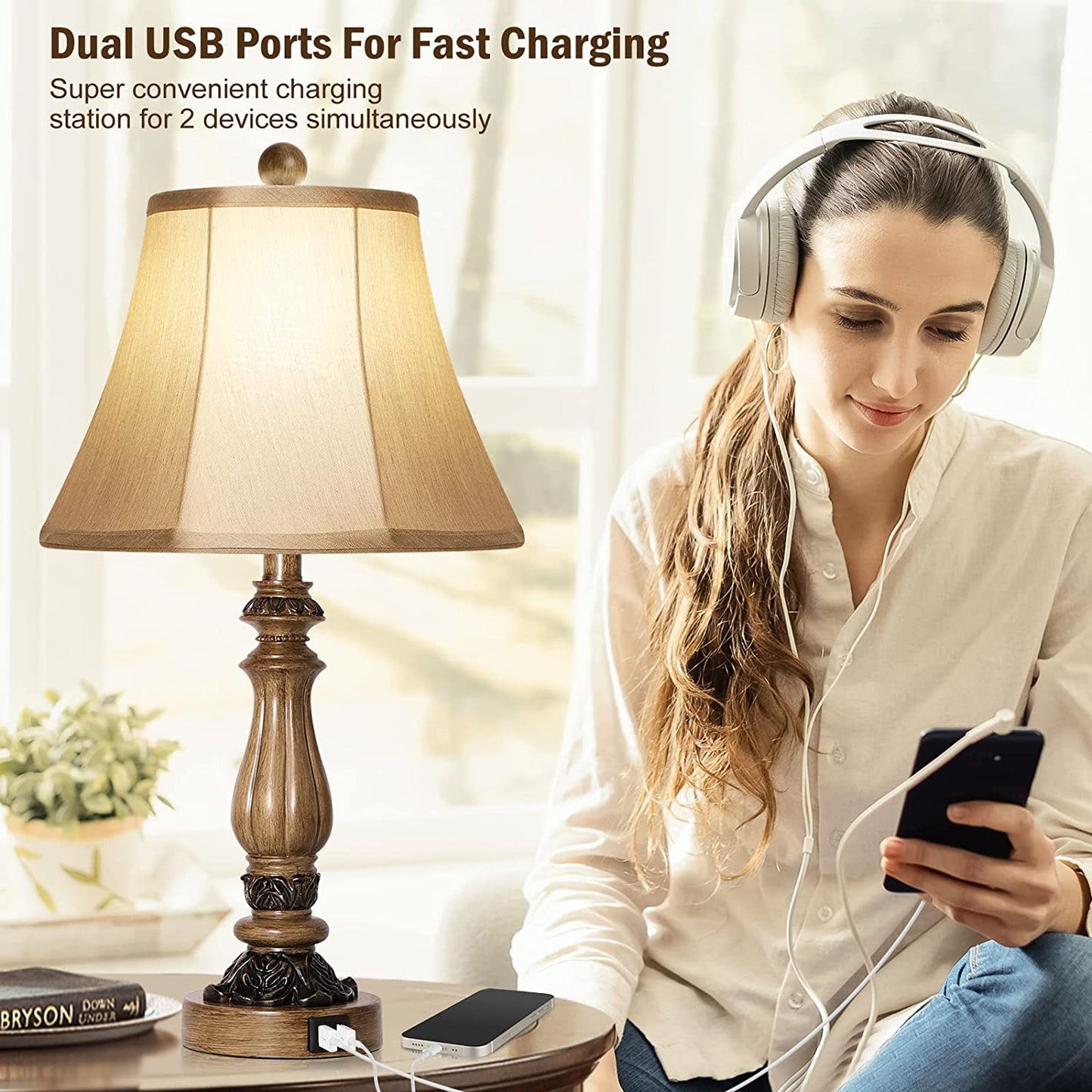Set of 2 Farmhouse Table Lamp with USB Ports, 3-Way Dimmable Touch Control Lamps, Traditional Rustic Bedside Lamps with Outlet, Bedroom Bedside Lamps Nightstand Lamps for Living Room, Bulbs Included