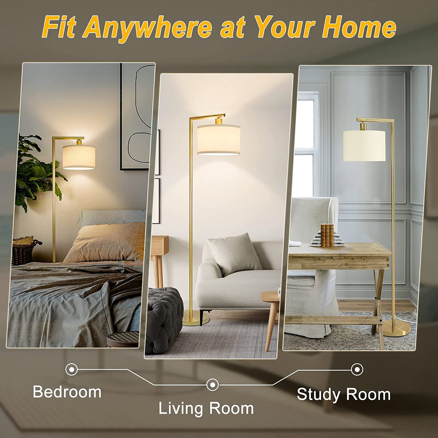 Gold Floor Lamp, Standing Lamp for Living Room Bedroom, Dimmable Floor Lamp, Tall Floor Lamp with Dimmer, Modern Arc Reading Light with Hanging Shade, Two Switches Design, Led Bulb Included