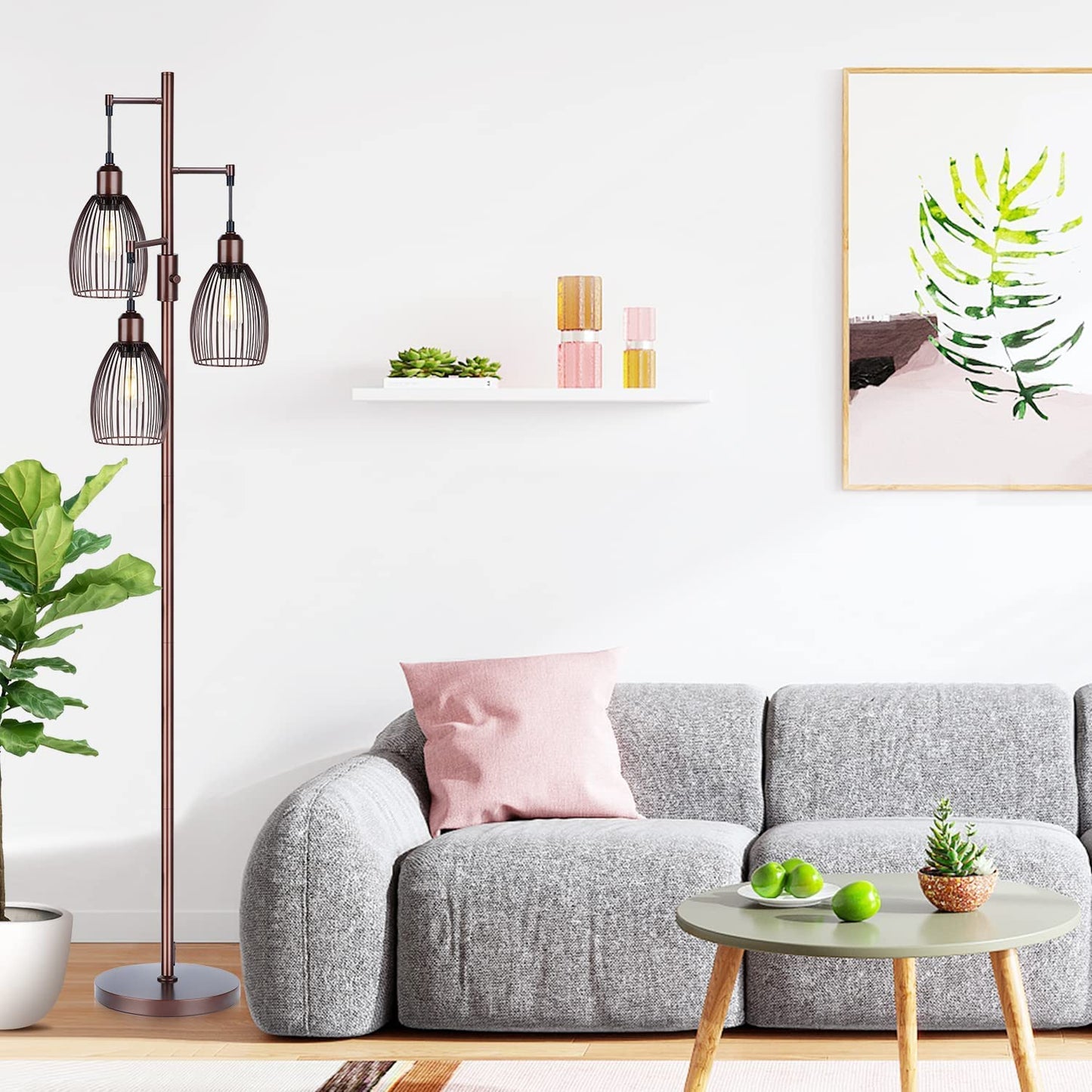 Industrial Floor Lamps for Living Room, Brown Tree Lamp with 6W LED Bulbs for Living Room Office Bederoom