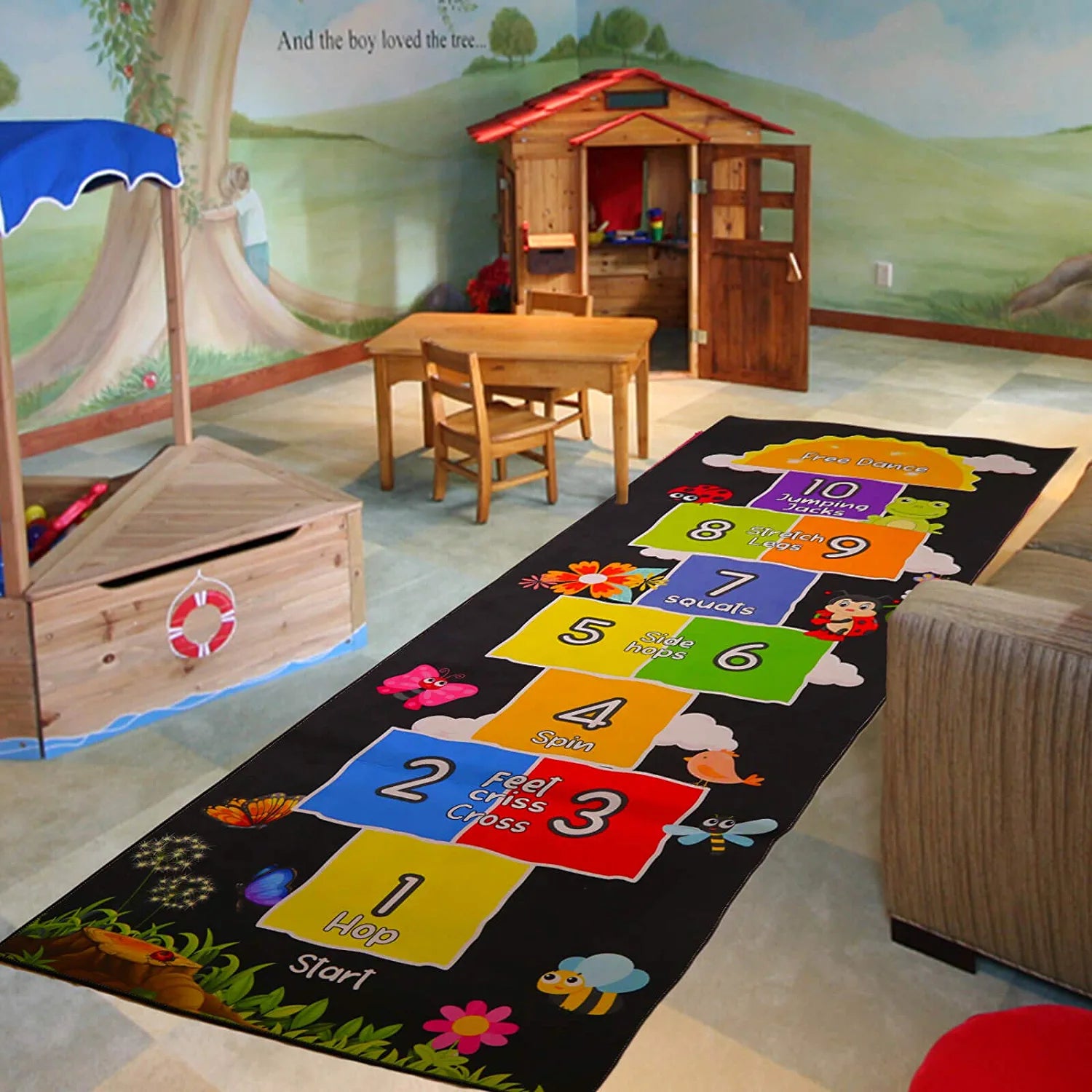 Hopscotch Rug - Kids Rug - Playroom Rug for Kids Room, Daycare, Nursery - Cute Indoor or Outdoor Play Carpet for Children - Fun, Educational Games for Boys & Girls (Black)