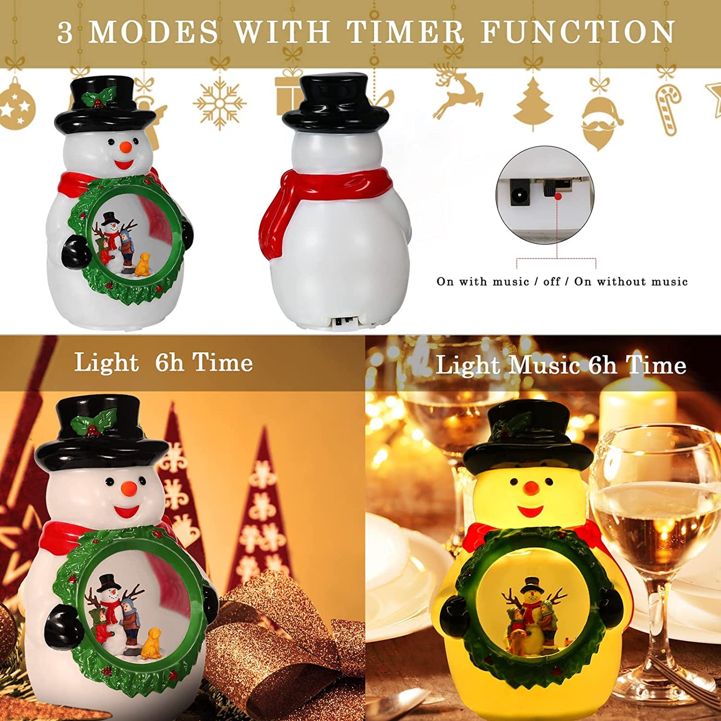 Christmas Snowman Night Light for Kids with the inside Rotating Design, USB & Battery Operated Snowman Table Lamp with Music for Table Bedroom Holiday Celebration Christmas Decoration
