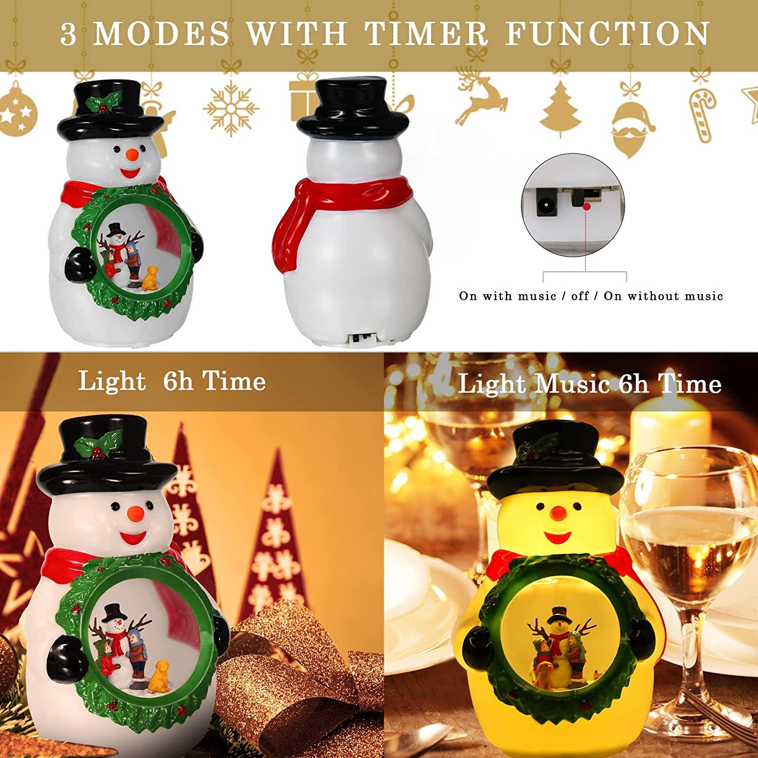 Christmas Snowman Night Light for Kids with the inside Rotating Design, USB & Battery Operated Snowman Table Lamp with Music for Table Bedroom Holiday Celebration Christmas Decoration