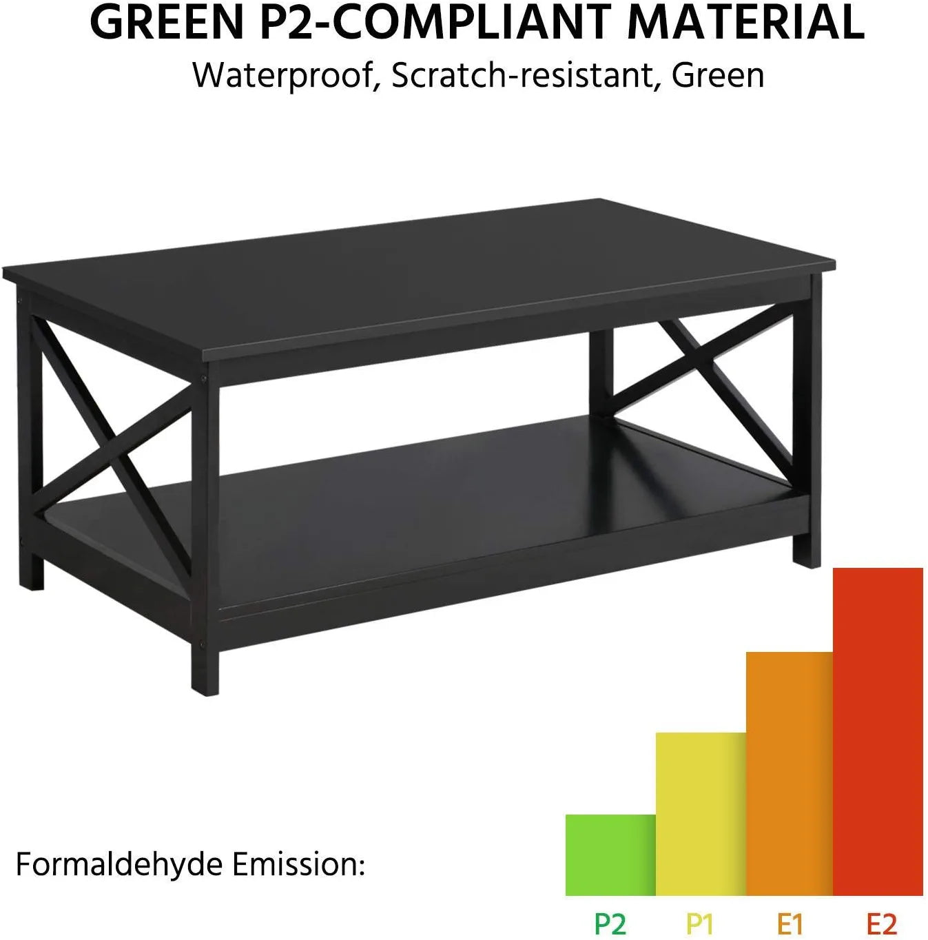 Wood 2-Tier Black Coffee Table with Storage Shelf for Living Room, X Design Accent Cocktail Table, Easy Assembly Home Furniture, 39.5 X 21.5 X 18 Inches