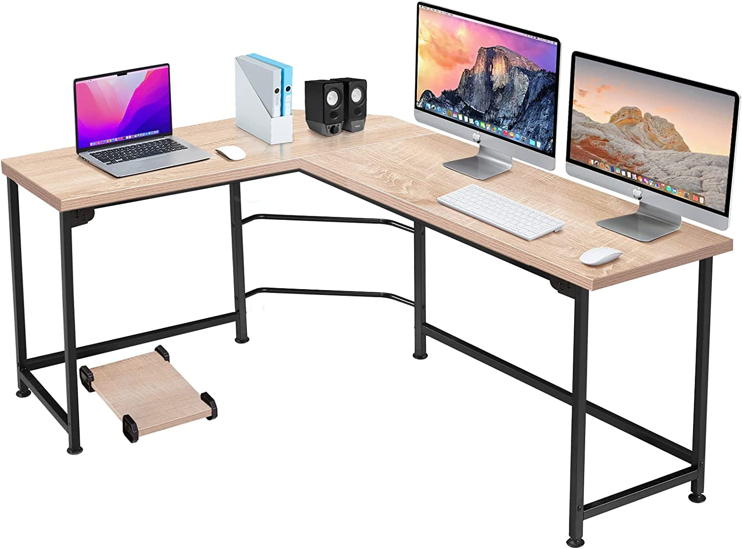 66" Large Corner Computer Desks L-Shaped with CPU Stand/Pc Laptop Study Writing Table Workstation for Home Office Wood & Metal,Oak, 66.3X18.9 Inch