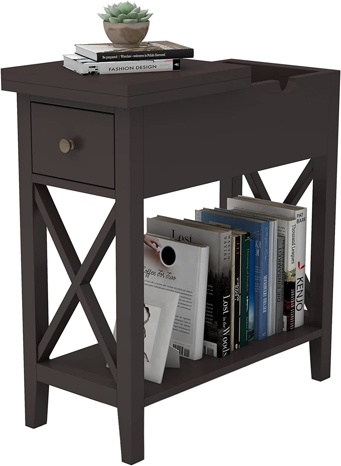 Flip Top End Table, Narrow Side Table Slim End Table with Drawer and Storage Shelf for Small Space, Living Room, Bedroom, Espresso