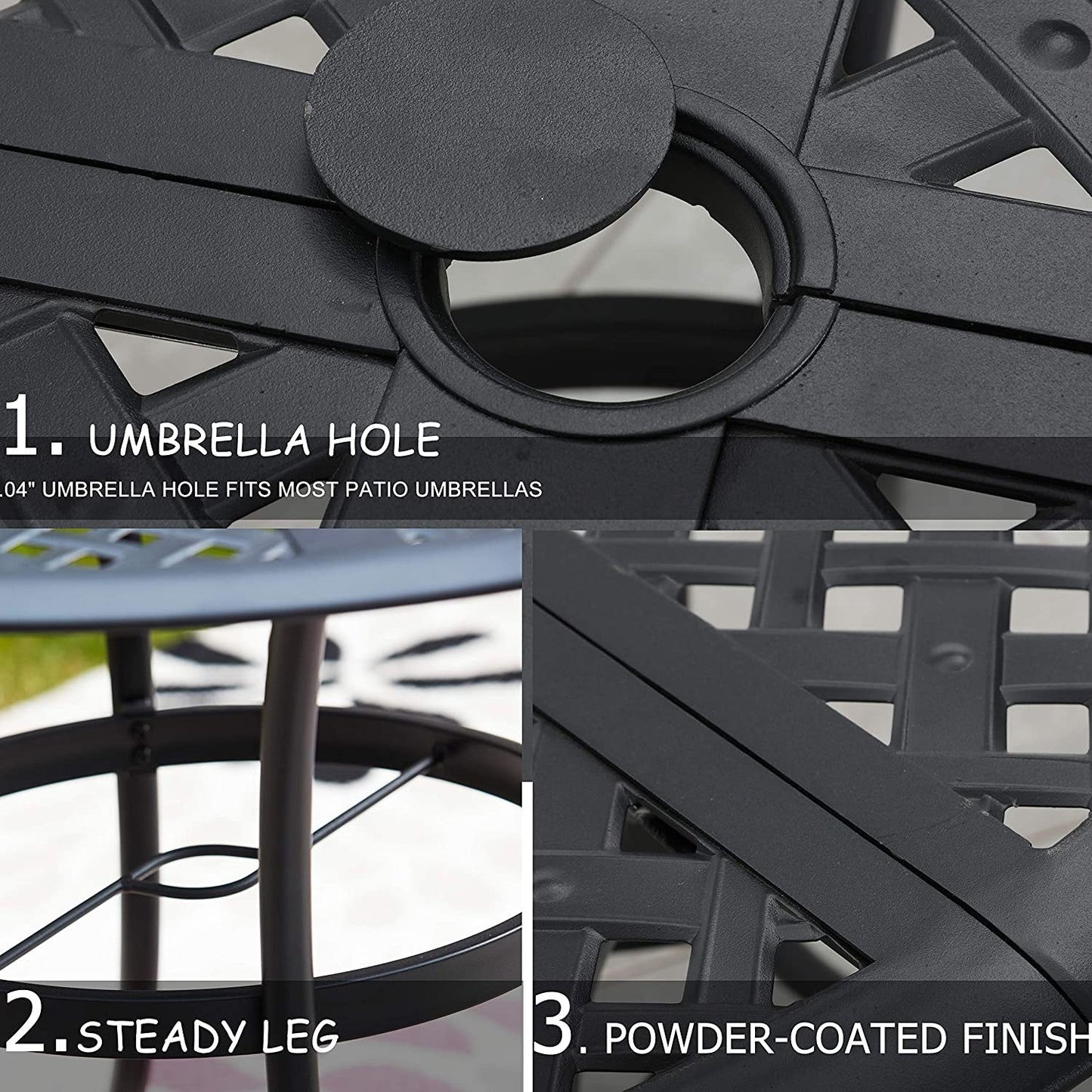 42.1" Outdoor round Cast Wrought Iron Patio Metal Dining Table with Umbrella Hole, Steel Frame for Backyard Lawn Balcony Deck, Black