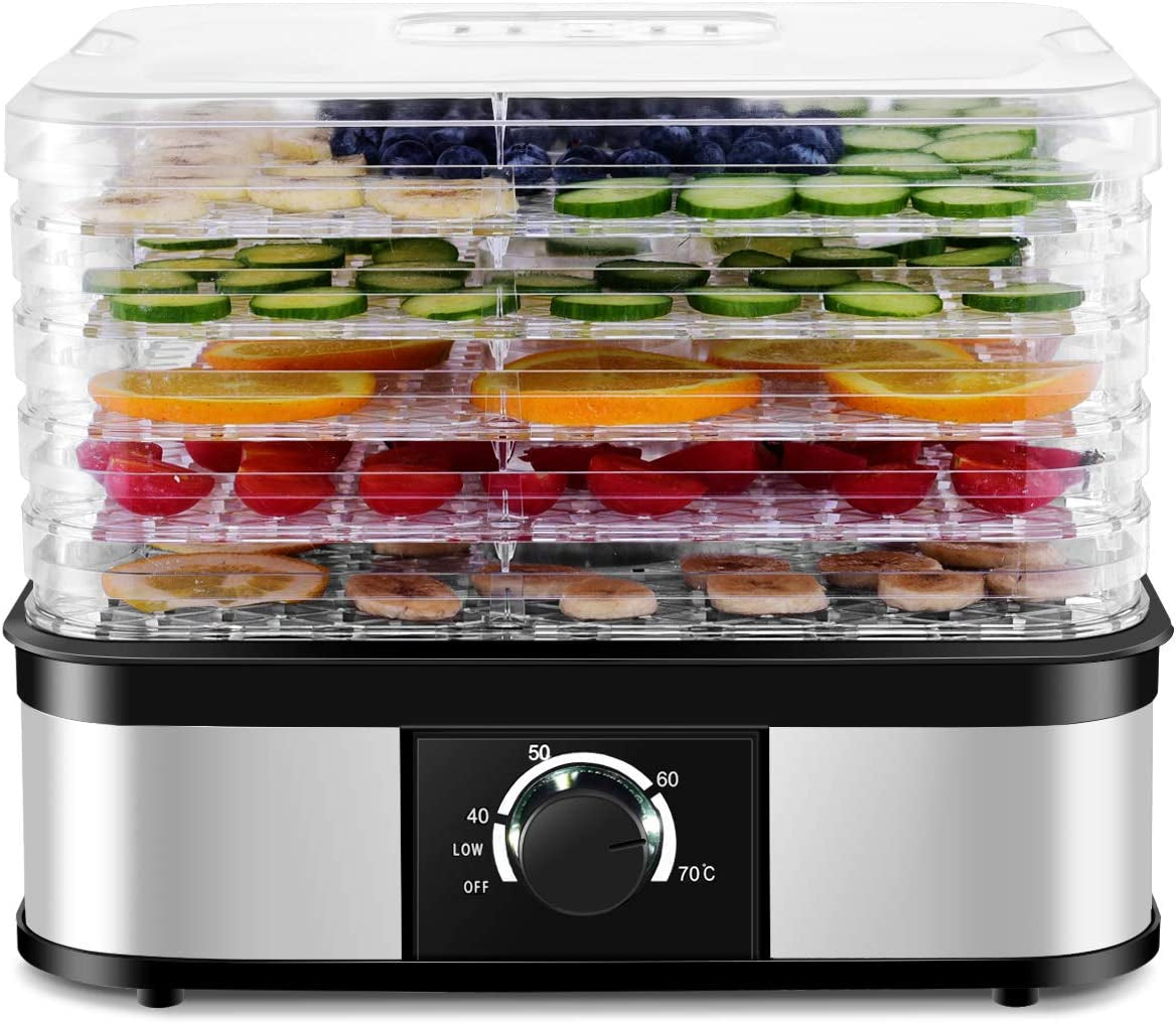 Food Dehydrator, Electric 5-Tire Fruit Vegetable Dryer with Adjustable Temperature Control from 104?-158?, 5 Stackable Drying Trays (Knob Adjustment)