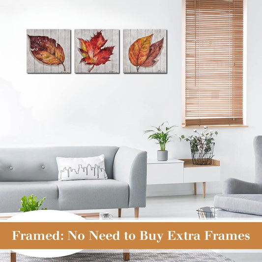 Fall Leaves Canvas Wall Art: Rustic Kitchen Wall Decor Autumn Vintage Harvest Decorations Leaf Pictures Framed Artwork Gift, Perfect for Autumumn, Ready to Hang, 12 X 12 Inch