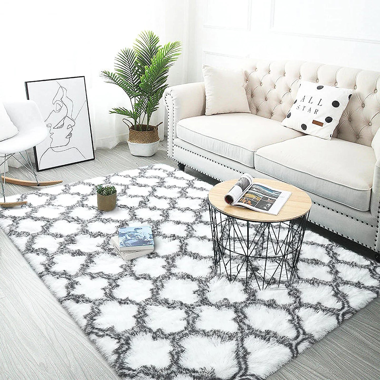 Luxury Shag Area Rug Modern Indoor Plush Fluffy Rugs, Extra Soft and Comfy Carpet, Geometric Moroccan Rugs for Bedroom Living Room Girls Kids Nursery, 5X8 Feet Grey/White