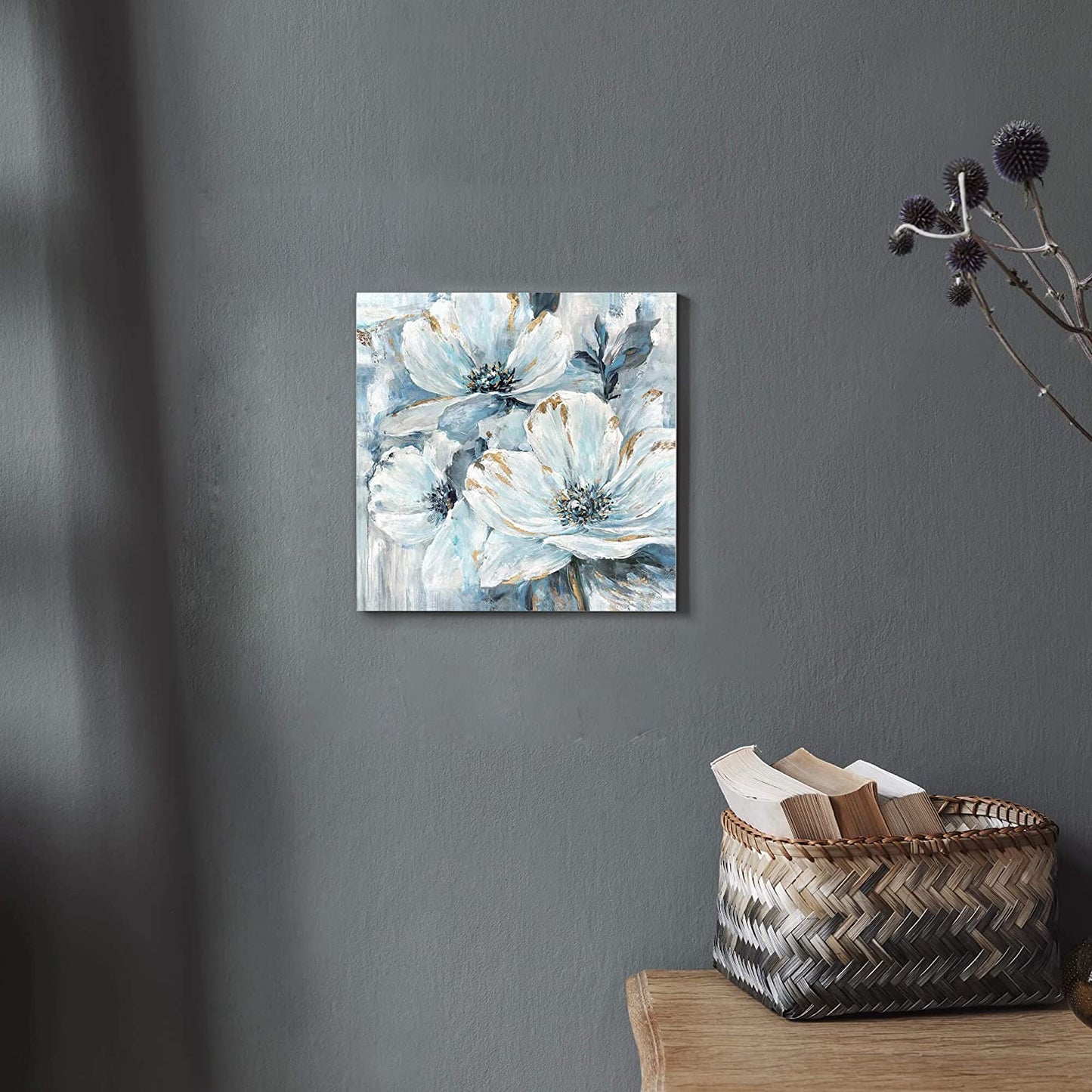 Flower Canvas Wall Art Bedroom: Modern Living Room Bathroom Abstract Blue Lily Floral Painting Simple Botanical Bouquet Picture Giclee Print Minimalist Contemporary Gallery Artwork 12X12
