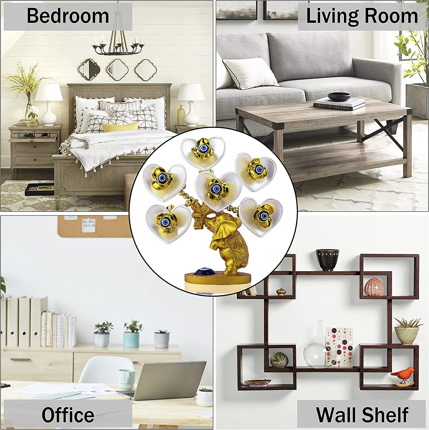 Blue Evil Eye Money Tree with Painted Golden Elephant Figurine White Artificial Flowers Home Office Protection Decoration Feng Shui Ornament