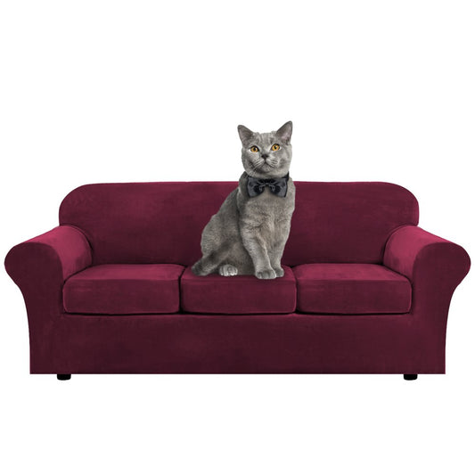 Velvet Plush 4 Piece Stretch Sofa Covers Couch Covers for 3 Cushion Couch 3 Seater Covers (Base Cover plus 3 Individual Cushion Covers) Feature Thick Soft Stay in Place