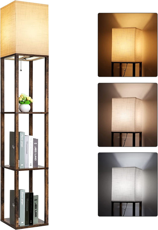 Floor Lamp with Shelves, Modern Shelf Floor Lamp for Display Storage, 3 Color Temperature Wood Narrow Standing Corner Lamp with 8W Bulb for Living Room, Bedroom, Office(Brown)