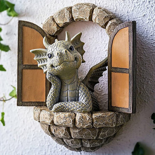 RELAX Courtyard Dinosaur Sculpture Wall Decoration, Weatherproof Resin Statue Miniatures, Lovely Dragon Garden Ornaments for Patio Yard (Dinosaur)