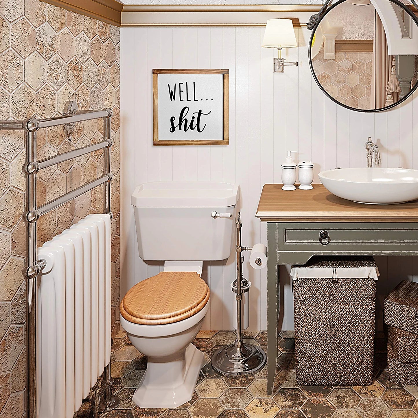 Well Shit Farmhouse Bathroom Sign - Funny Modern Farmhouse Decor Sign, Cute Guest Bathroom Decor Wall Art, Rustic Home Decor, Sign for Bathroom Wall with Funny Quotes 12X12 Inch