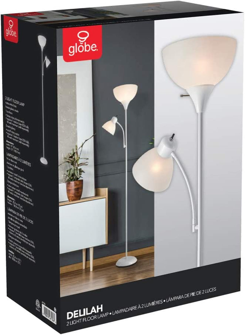 67136 72" Torchiere Floor Lamp + Adjustable Reading Light, Matte White, Frosted Plastic Shade, 3-Step Rotary Switch on Floor Lamp Socket, Home Improvement, Home Office Accessories