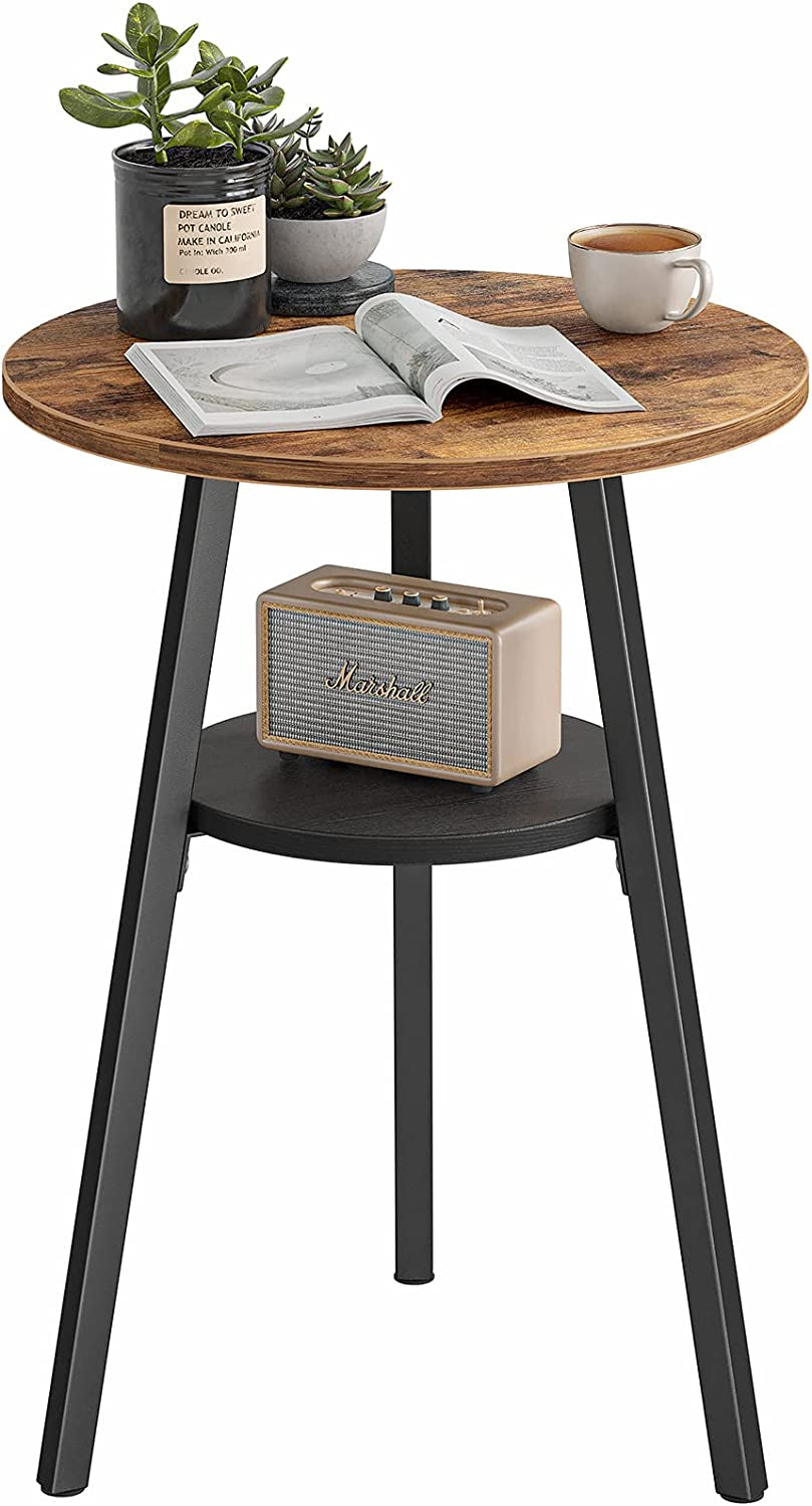 round End Table, Side Table with Wooden Shelves, 2-Tier Rustic Vintage Table for Living Room Bedroom, Metal Frames and Wooden Boards, Rustic Brown