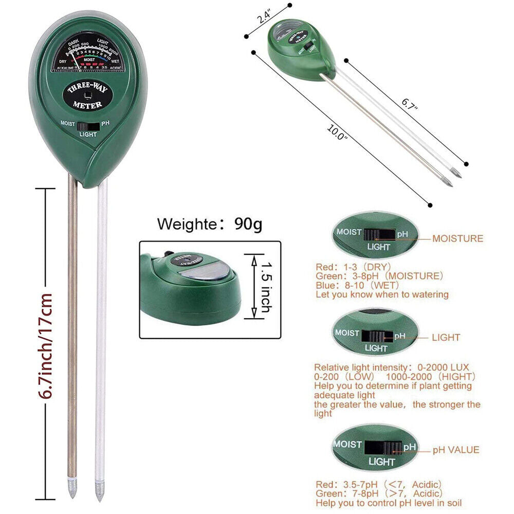 3 in 1 Soil Moister Tester Water Ph Light Test Meter Kit Gardening Grass Plants