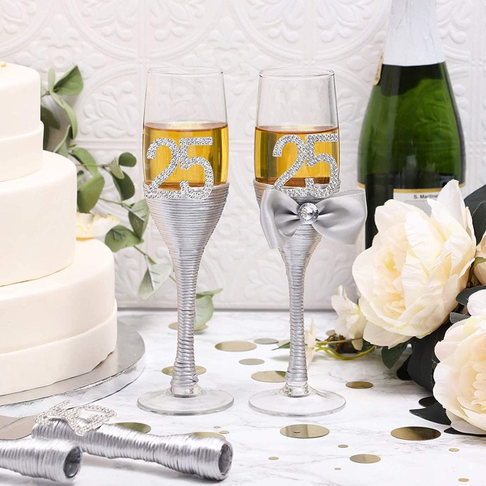 Set of 2 25Th Wedding Anniversary Champagne Flutes Glasses for Mr and Mrs Toasting Party Celebration Gift