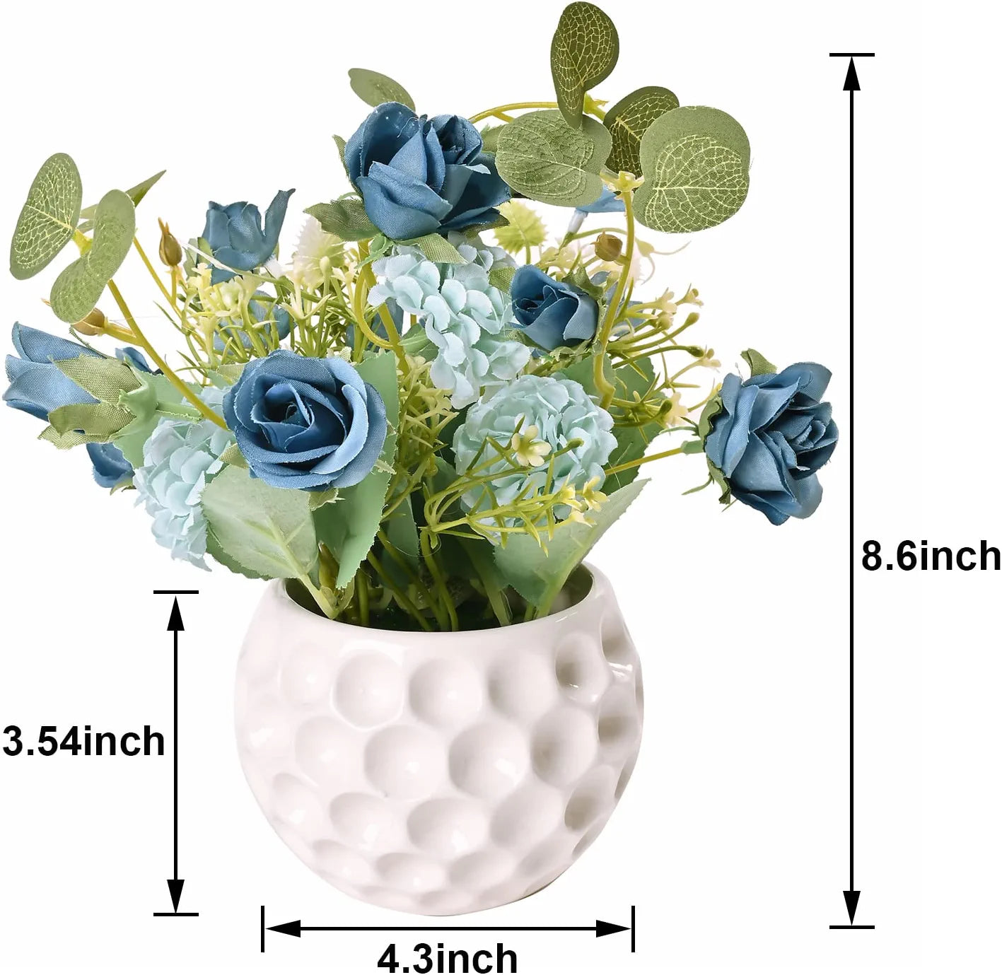 Artificial Rose Flowers in Ceramic Vase Blue, Faux Hydrangea Flower Arrangements for Home Decor Fake Flowers with Vase for Table Centerpieces Decoration