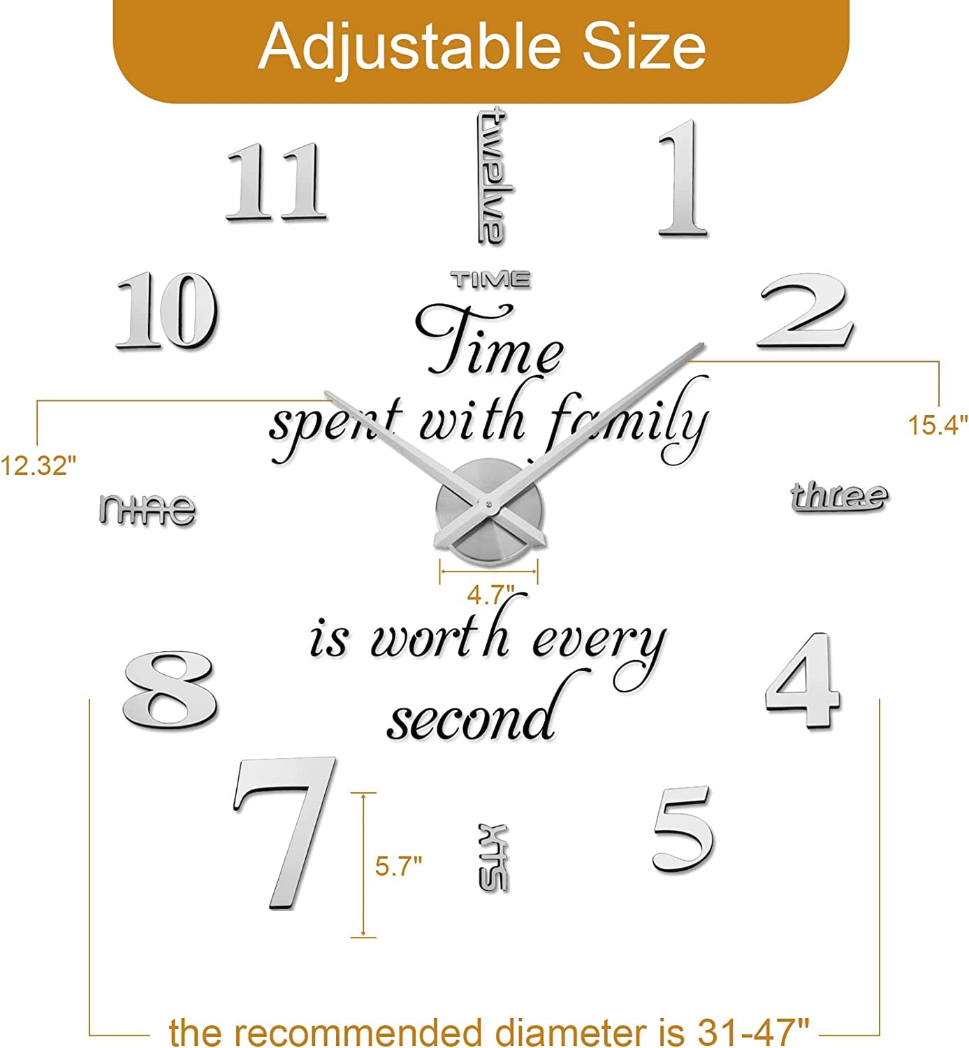 DIY Wall Clock,3D Frameless Wall Clock,Large Modern Design Decor Sticker DIY Wall Clock Kit for Bedroom Living Room Home Decorations,Adjustable Size and Easy to Assemble (Silver)