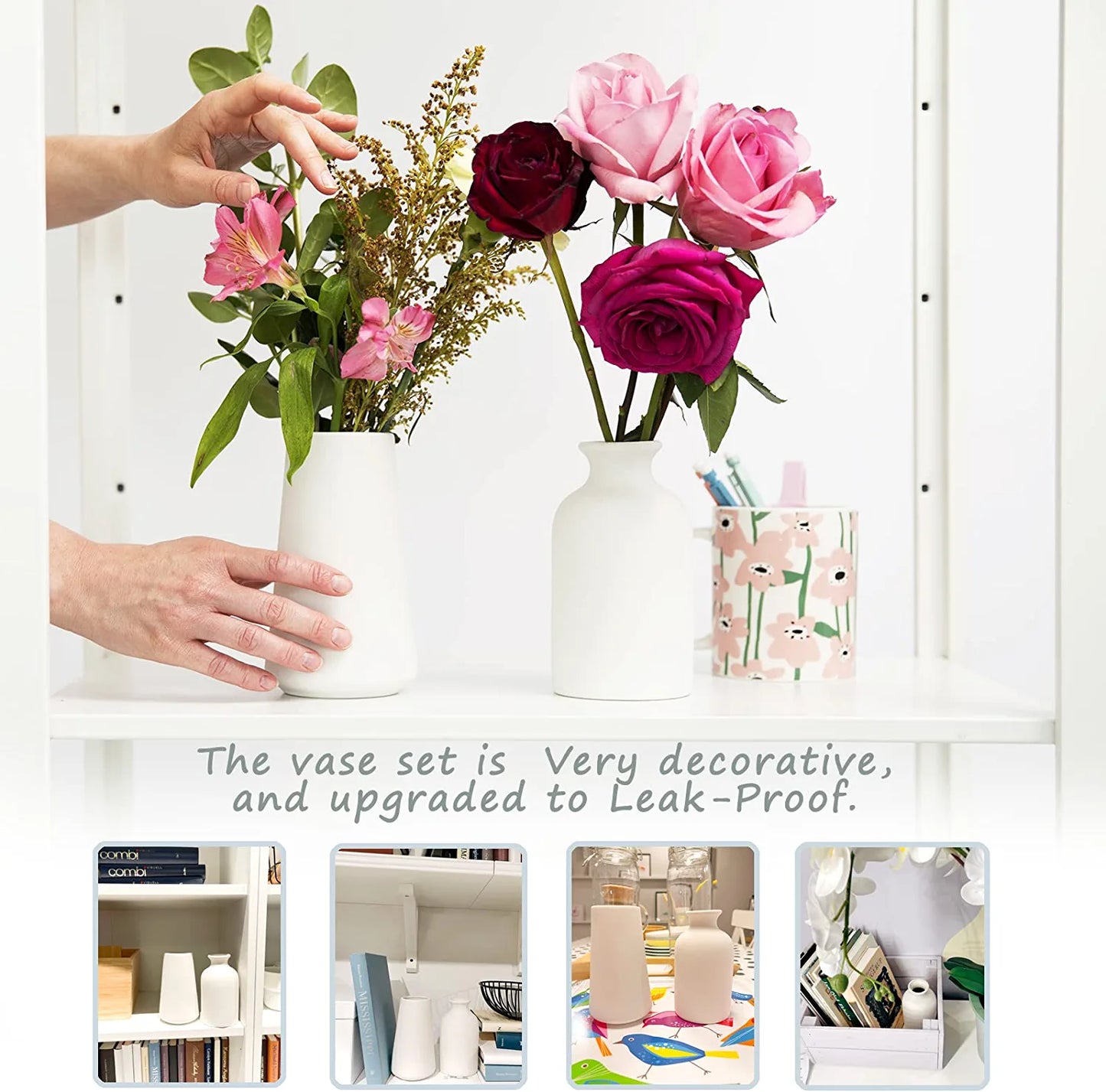 Set of 2- Classic White Ceramic Vases, Tall Vases for Flowers, for Living Room Decorations, Home Decor, Modern Farmhouses, Ideal Shelf, Table, Bookshelf, Mantle, Pampas Grass