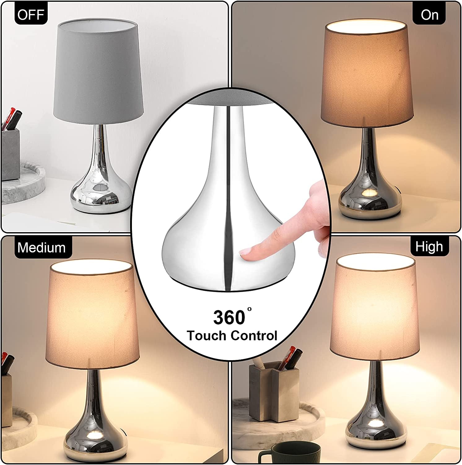 Touch Bedside Table Lamps Set of 2, Bedroom Nightstand Lamps, 3-Way Dimmable Touch Desk Lamps with Lampshade for Bedroom, Living Room and Office (Included E12 Bulb)