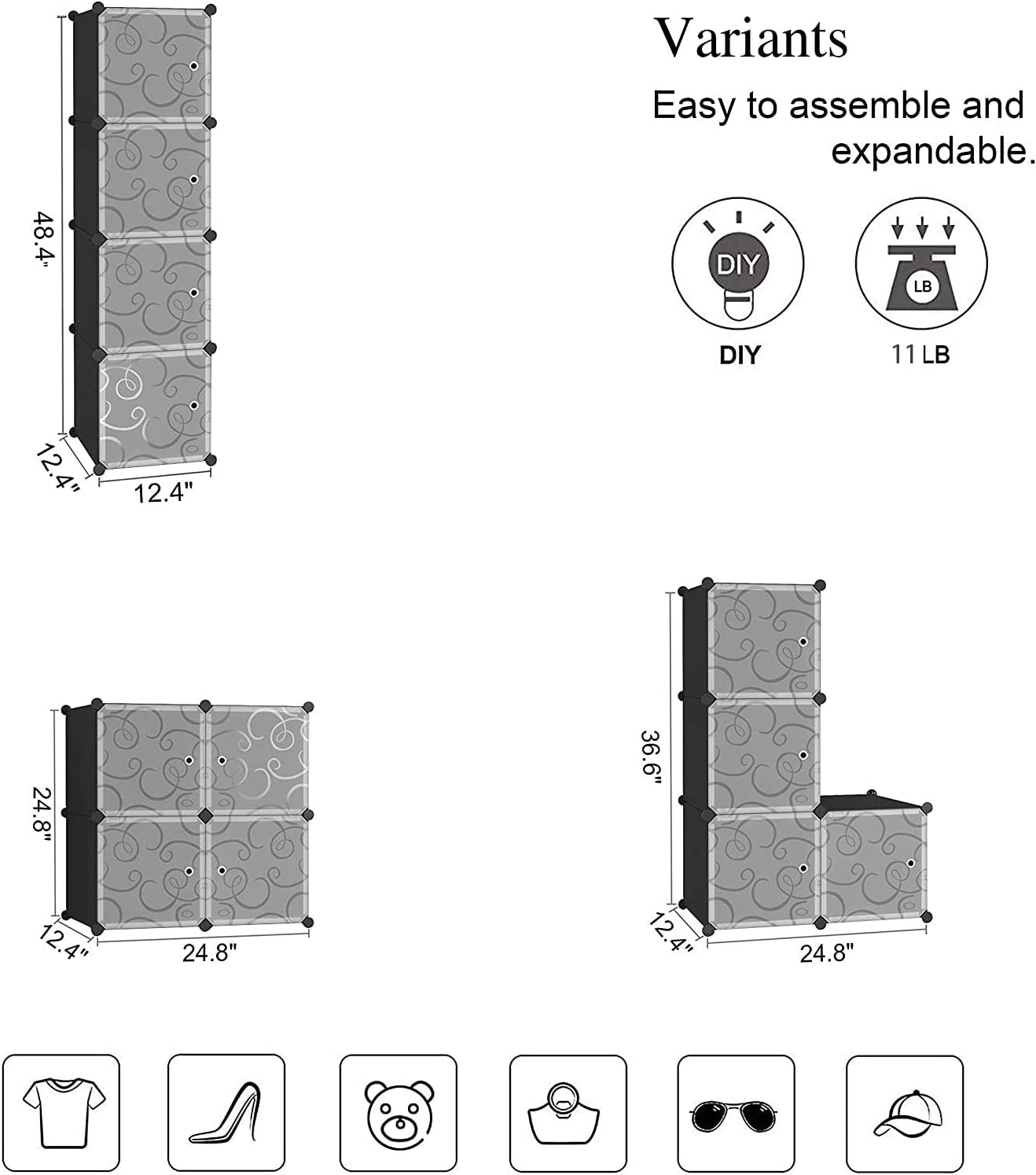 Cube Storage with Doors, 4-Cube Storage Organizer, Plastic Closet Cabinet, Modular Book Shelving Units, Storage Shelves, Ideal for Living Room, Home, Office, 24.8" L X 12.4" W X 24.8" H Black