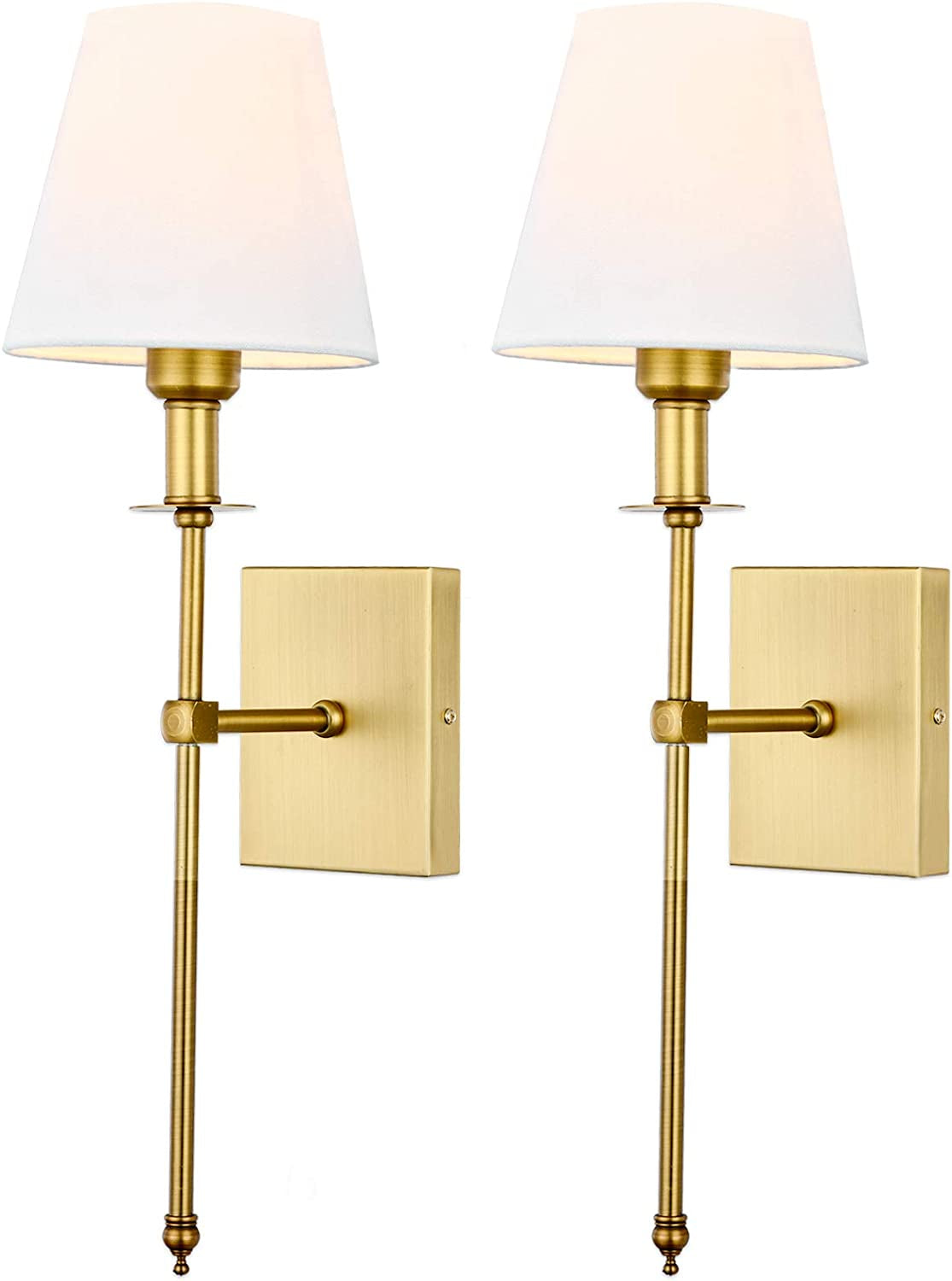 Slim Wall Sconces Set of 2 White Fabric Shade Wall Sconce Hardwired Indoor Wall Light Column Stand Bedroom Wall Lamp Bathroom Vanity Light Fixture, Antique Brass