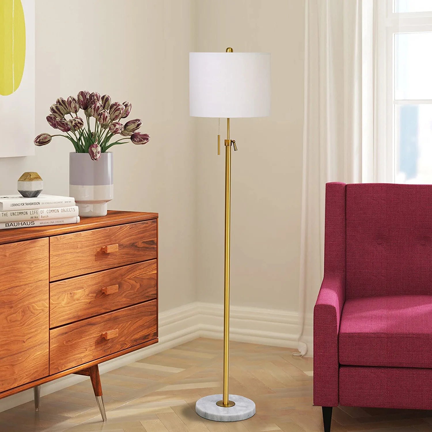 Modern Floor Lamp for Living Room, Adjustable Height Standing Lamp with Marble Base,3-Way Dimmable Gold Brass Tall Pole Light with White Linen Shade for Reading,Bedroom,Pull Chain Switch,Bulb Included