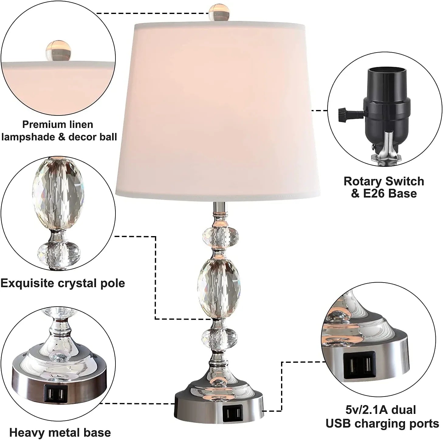Crystal Table Lamps Set of 2 with Dual USB Charging Ports, Stacked Crystal Ball Nightstand Lamp with White Fabric Shade, Perfect Elegant Bed Lamp for Bedroom, Living Room, Office( Silver)