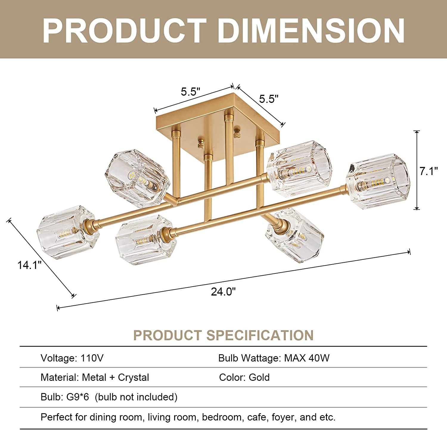 6-Light Industrial Semi Flush Mount Ceiling Light Fixture Brushed Gold, 24 Inch Modern Sputnik Chandelier Farmhouse Lighting for Kitchen Island Dining Living Room Bedroom Foyer Entry