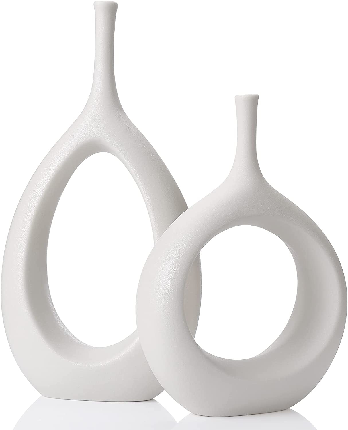 White Ceramic Hollow Vases Set of 2, Flower Vase for Decor, Modern Decorative Vase Centerpiece for Wedding Dinner Table Party Living Room Office Bedroom, Housewarming Gift