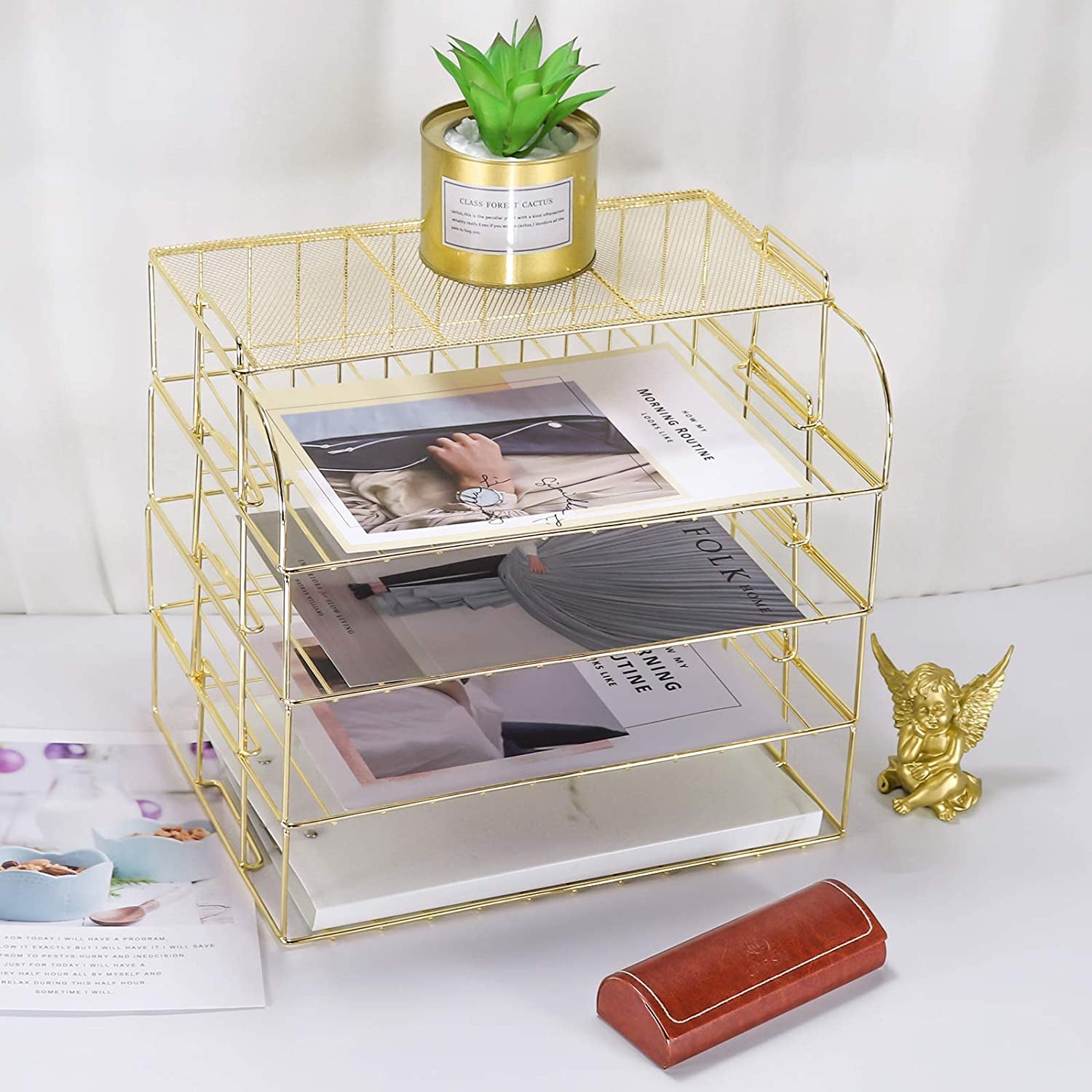 4-Tier Stackable Letter Tray, Gold Desk Organizer, Metal File Organizer Tray, Paper Holder Rack, Desk Accessories for School Home Office Supplies