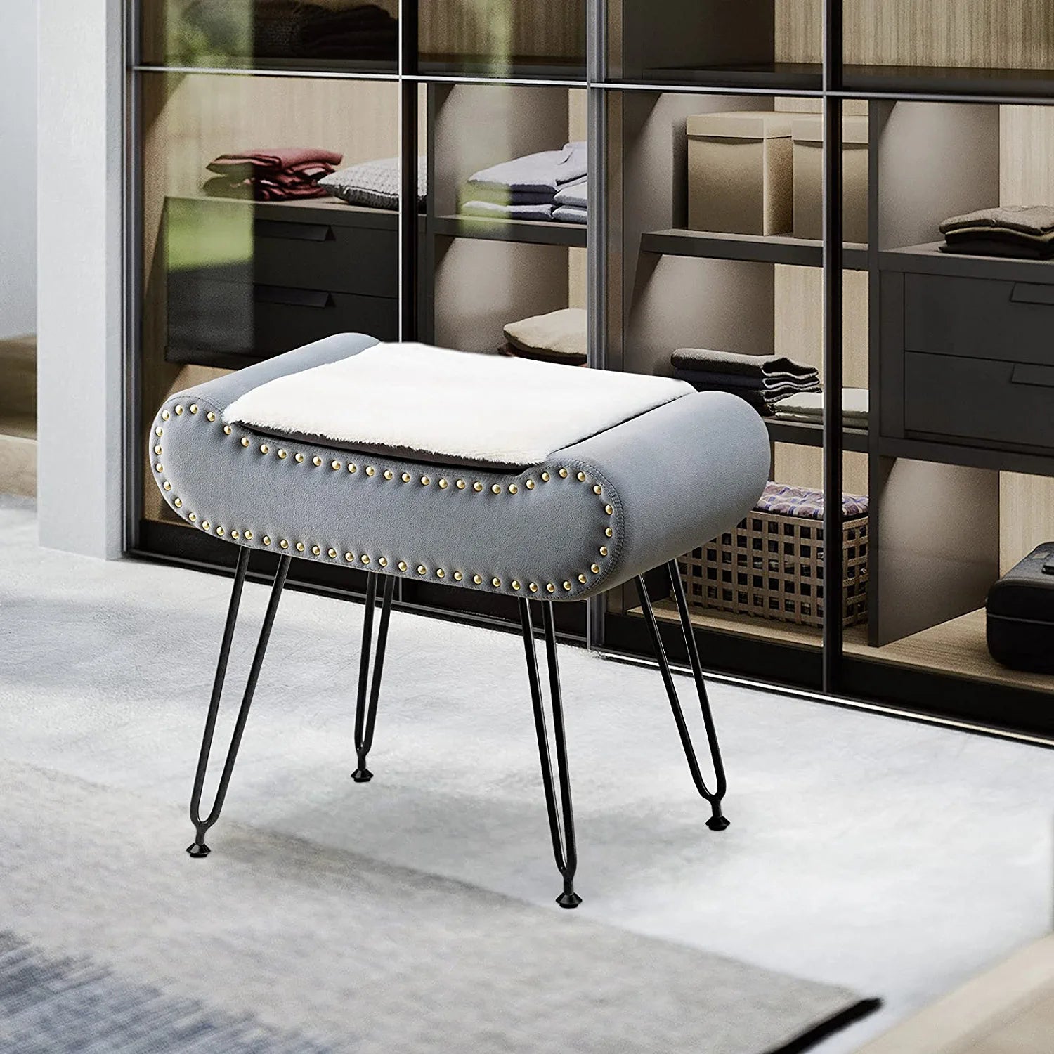 Velvet Upholstered Footrest Faux Fur Square Storage Ottoman, Coffee Table Makeup Stool with Plating Black Metal Legs for Living Room, Bedroom, Bathroom Large Vanity Benches Gray