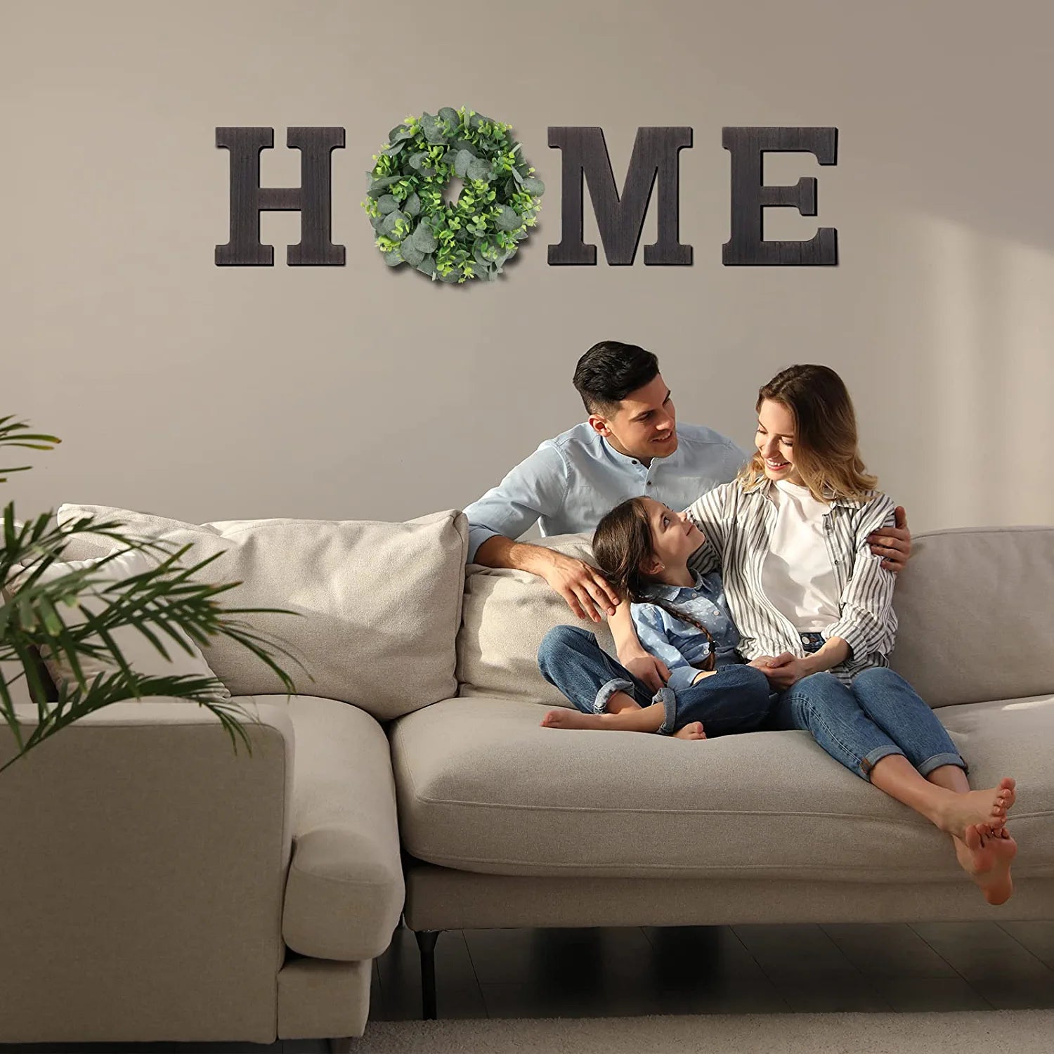 Home Sign Wall Decor Wooden Farmhouse Wall Decor Hanging Letters Home Sign with Eucalyptus Wreath for Front Door Living Room Entryway Kitchen Bathroom Housewarming