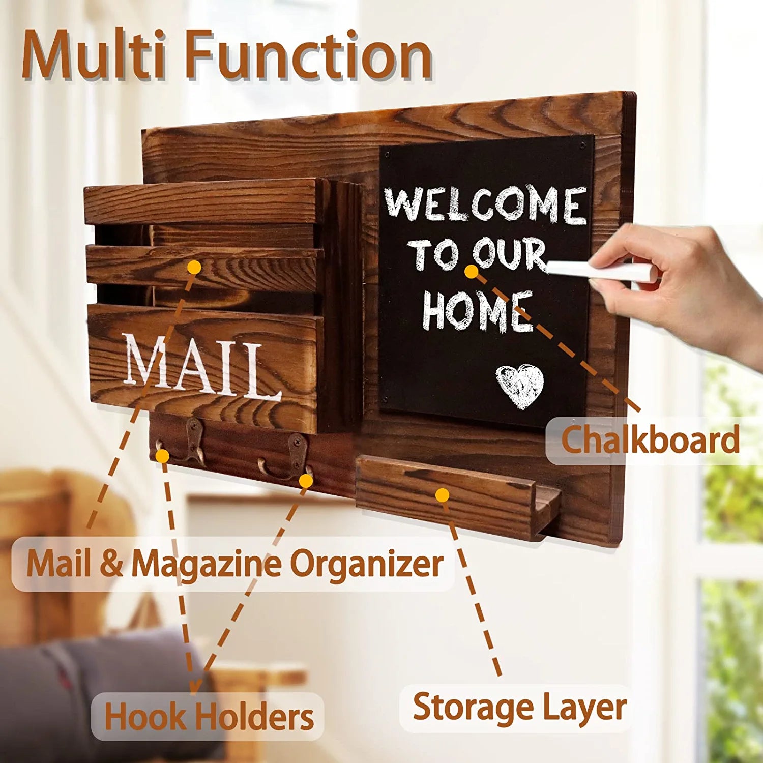 Key and Mail Holder for Wall with 2 Double Key Hooks with Black Board Floating Shelf Rustic Wood Decorative Hanger for Entryway, Storage, Living Room, Hallway, Kitchen (Dark Brown)