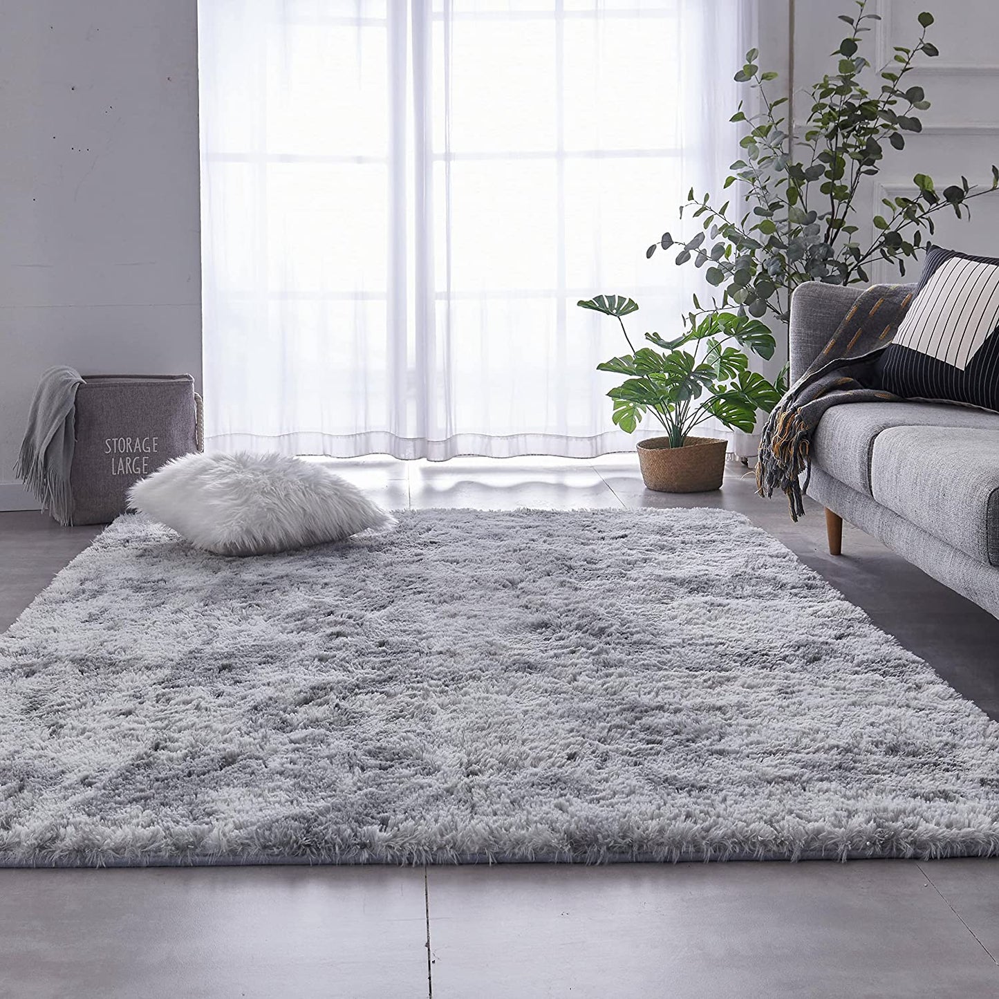 Shag Area Rug, 5X7 Ft Tie-Dyed Light Grey Upgrade Anti-Skid Durable Rectangular Cozy Rug, High Pile Soft Throw Rug for Nursery Room Living Room