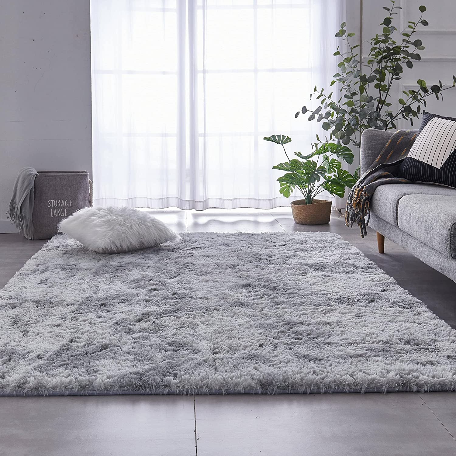 Shag Area Rug, 5X7 Ft Tie-Dyed Light Grey Upgrade Anti-Skid Durable Rectangular Cozy Rug, High Pile Soft Throw Rug for Nursery Room Living Room