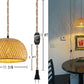 Plug in Pendant Light Rattan Hanging Lamp with Dimmable Switch 14Feet Hemp Rope Cord Bamboo Lampshade Rattan Hanging Lights Fixture with Plug in Cord