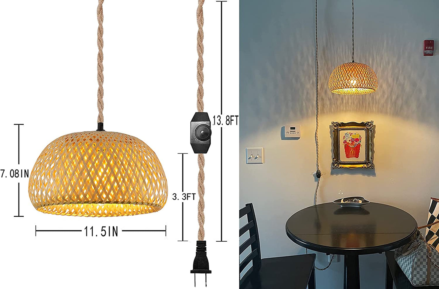 Plug in Pendant Light Rattan Hanging Lamp with Dimmable Switch 14Feet Hemp Rope Cord Bamboo Lampshade Rattan Hanging Lights Fixture with Plug in Cord