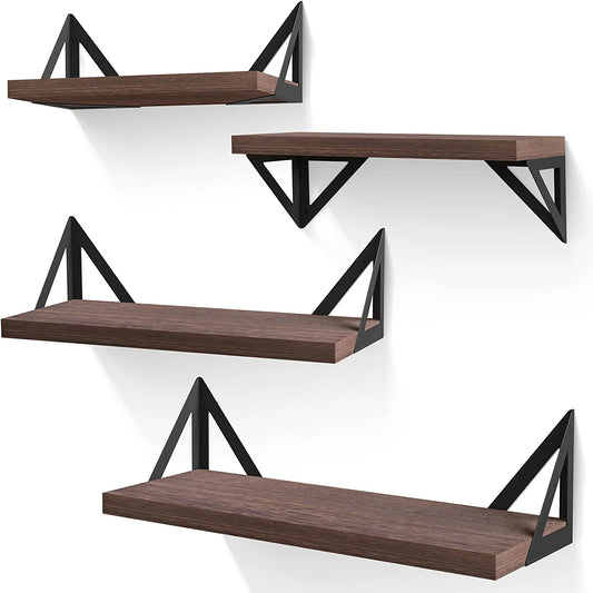 Floating Shelves Wall Mounted Set of 4, Rustic Wood Wall Shelves, Storage Shelves for Bedroom, Living Room, Bathroom, Kitchen, Office and More, Brown