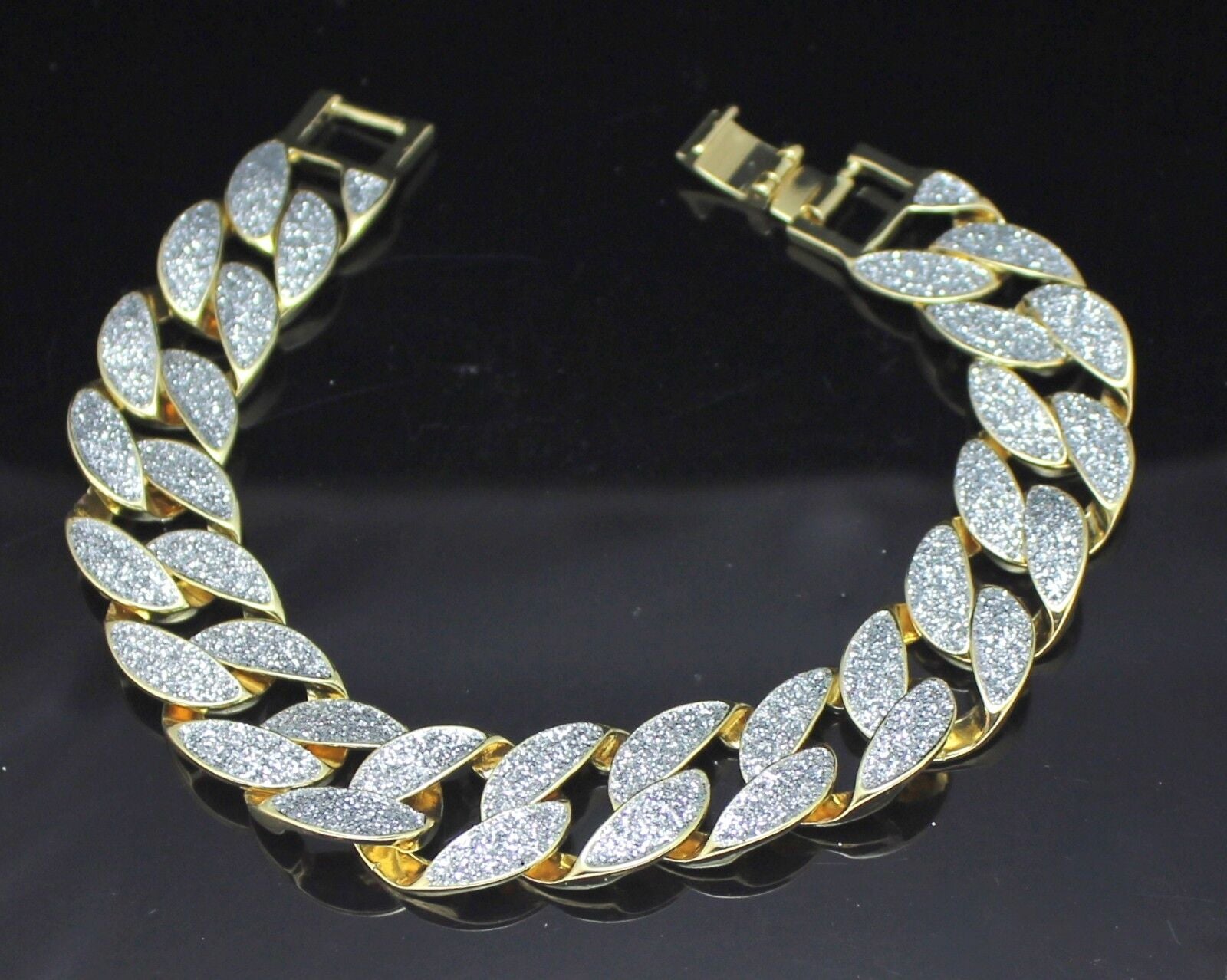 Mens Frosted Glitter Miami Cuban Curb Link 14K Gold Plated 8" Bracelet Hip Hop